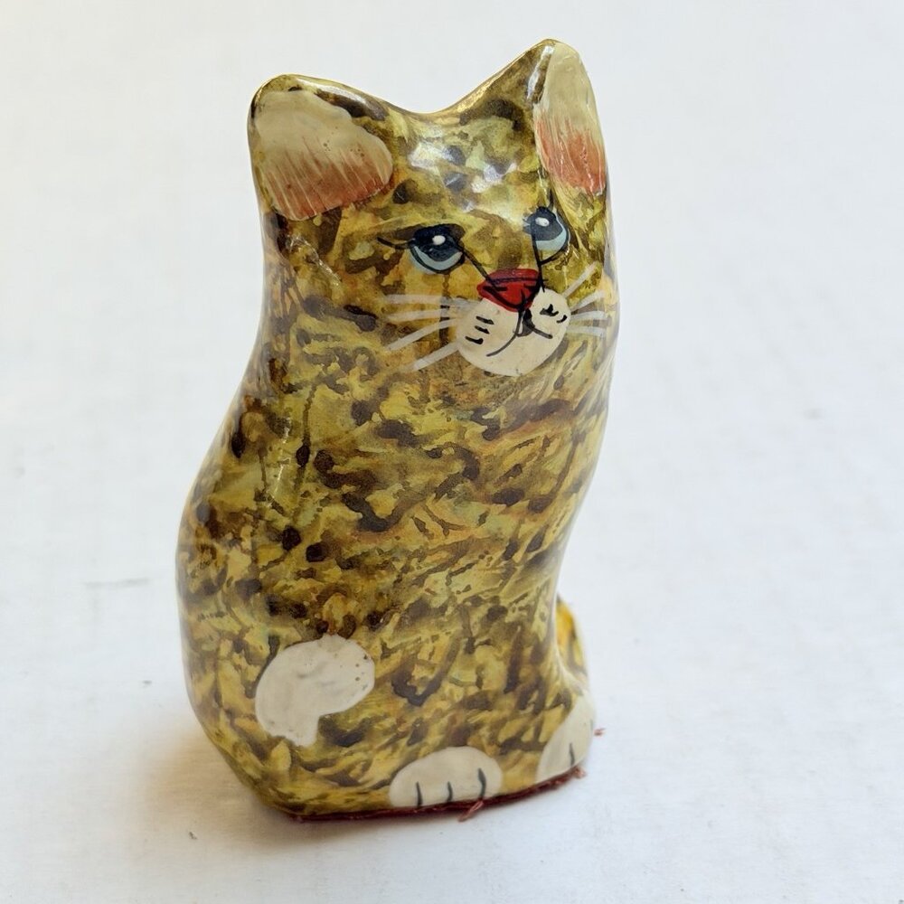 Vintage Paper Mache Cat Folk Art Handmade Painted Bow‎ Kitty Figurine Decor Gift
